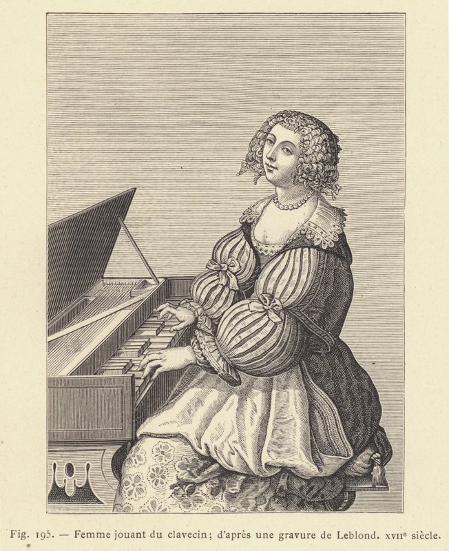 Kvinna som spelar cembalo, efter en gravyr av Leblond, 1600-talet (gravyr) av French School