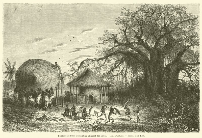 Kvinnor från stranden av Zambezi bygger hyddor, barnspel (gravyr) av French School