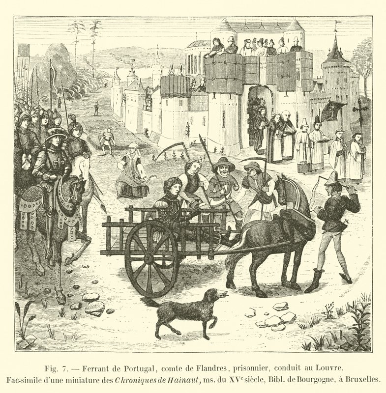 Ferrant av Portugal, greve av Flandern, fånge, förd till Louvren, faksimil av en miniatyr från Chroniques de Hainaut, ms av 1400-talet, Bibl de Bourgogne, i Bryssel av French School