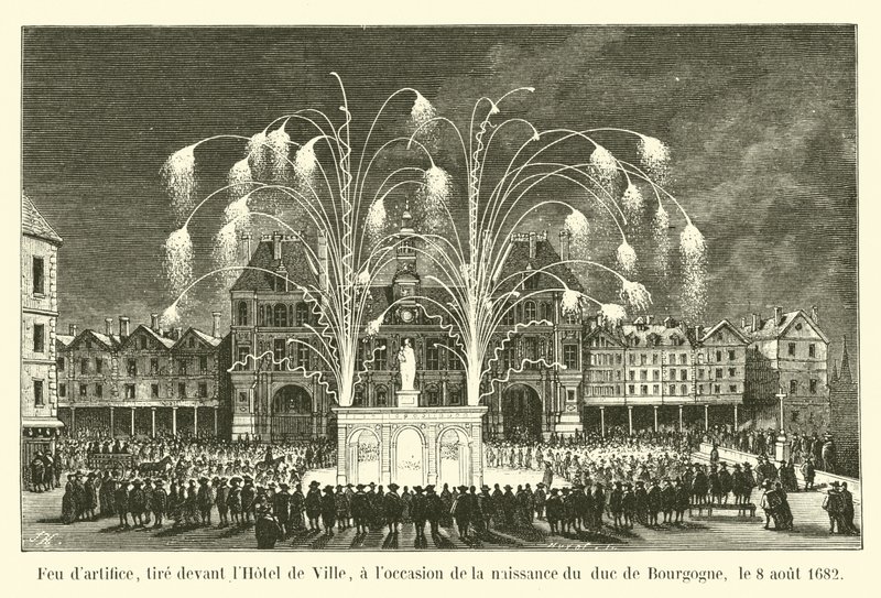 Fyrverkerier, avfyrade framför stadshuset, med anledning av födelsen av hertigen av Bourgogne, 8 augusti 1682 av French School