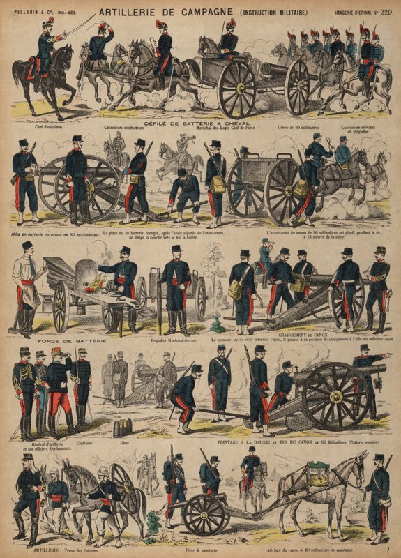 Franska arméns fältartilleri (färgad gravyr) av French School