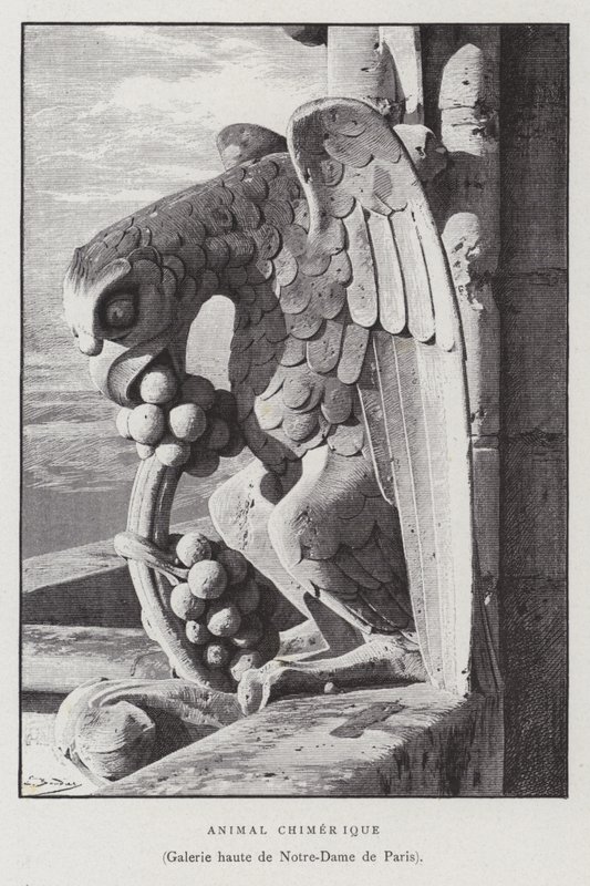 Figur av ett chimärt djur, från det övre galleriet i Notre Dame de Paris (litho) av French School