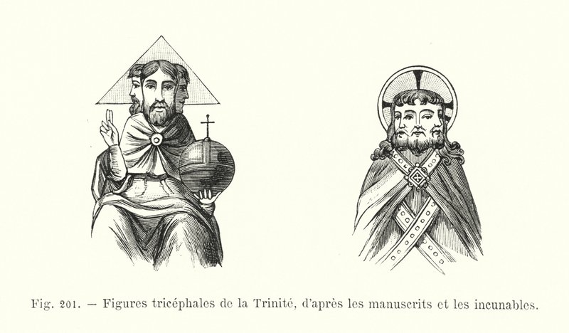 Trehövdade figurer av treenigheten, från manuskript och inkunabel (gravyr) av French School