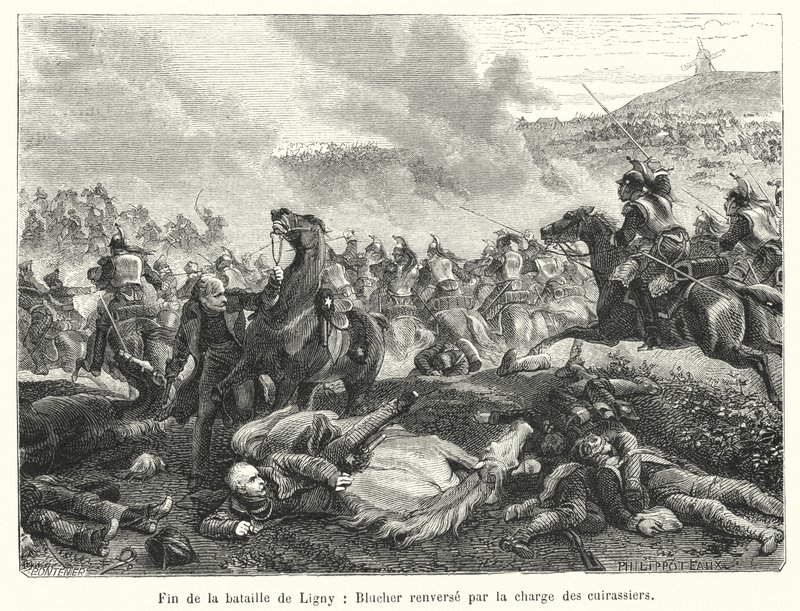 Slutet på slaget vid Ligny, Blucher störtad av cuirassiers anfall (gravyr) av French School