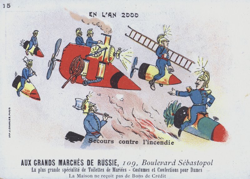 Brandbekämpning år 2000 (färg litho) av French School