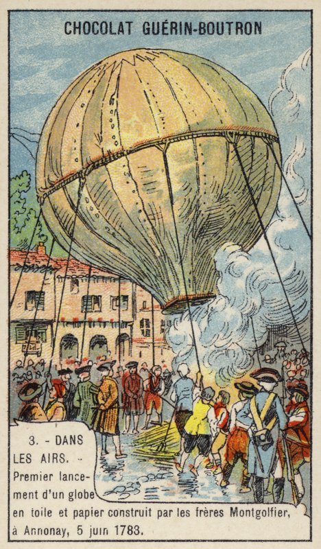 Första uppskjutningen av en luftballong av Montgolfier Brothers, Annonay, Frankrike, 5 juni 1783 (chromolitho) av French School