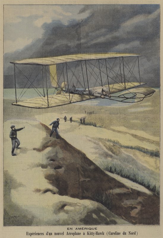 Flygning av bröderna Wrights flygplan i Kitty Hawk, North Carolina (färg litho) av French School