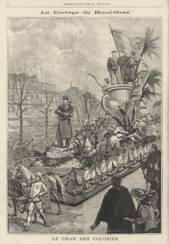 Float of the Colonies i Boeuf Gras karnevalsprocession, Paris, Frankrike (gravyr) av French School