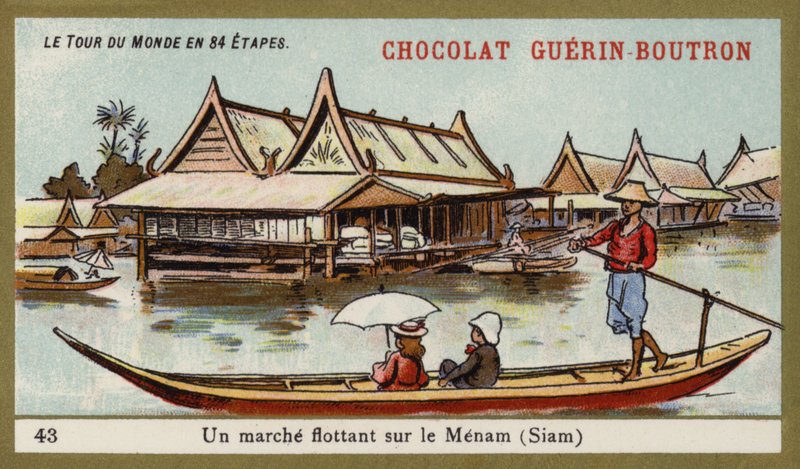 Flytande marknad vid floden Menam, Siam (chromolitho) av French School
