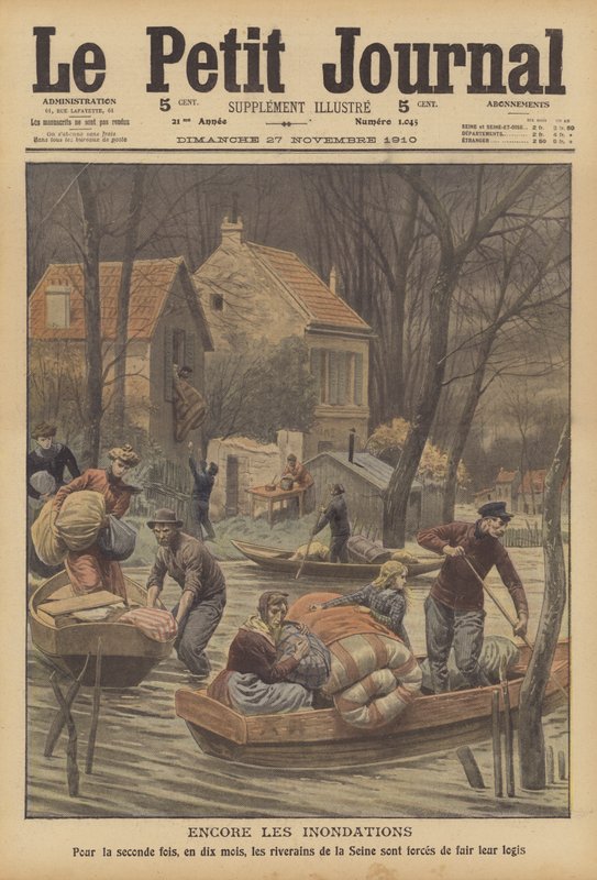 Översvämningar vid floden Seine, Frankrike (färg litho) av French School