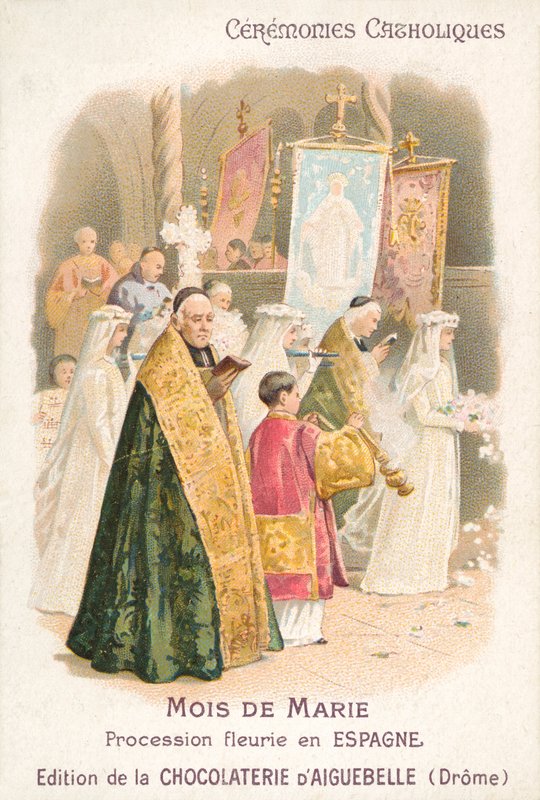 Blomstråk till Jungfru Marias ära i maj månad, Spanien (chromolitho) av French School