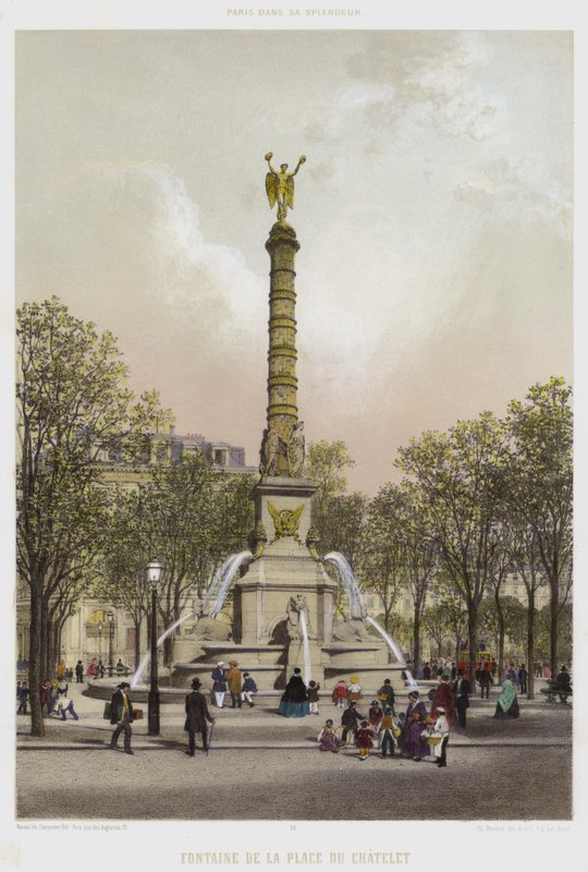 Place Du Chatelet Fountain (färg litho) av French School