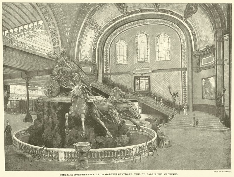 Centralgalleriets monumentala fontän, nära Maskinpalatset (gravyr) av French School