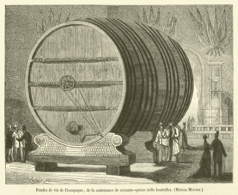 Foudre av Champagne-vin, med en kapacitet på sjuttiofemtusen flaskor, Maison Mercier (gravyr) av French School