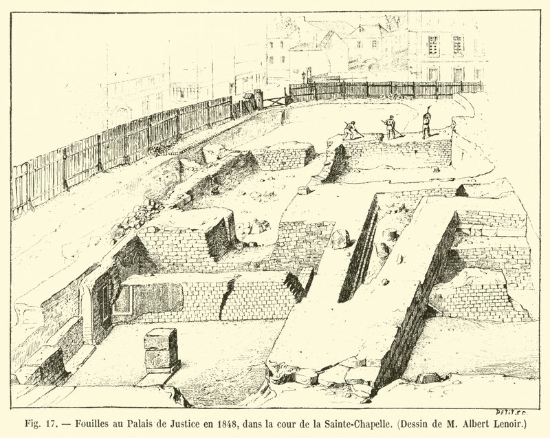 Utgrävningar vid Palais de Justice 1848, på innergården i Sainte-Chapelle, teckning av M Albert Lenoir av French School