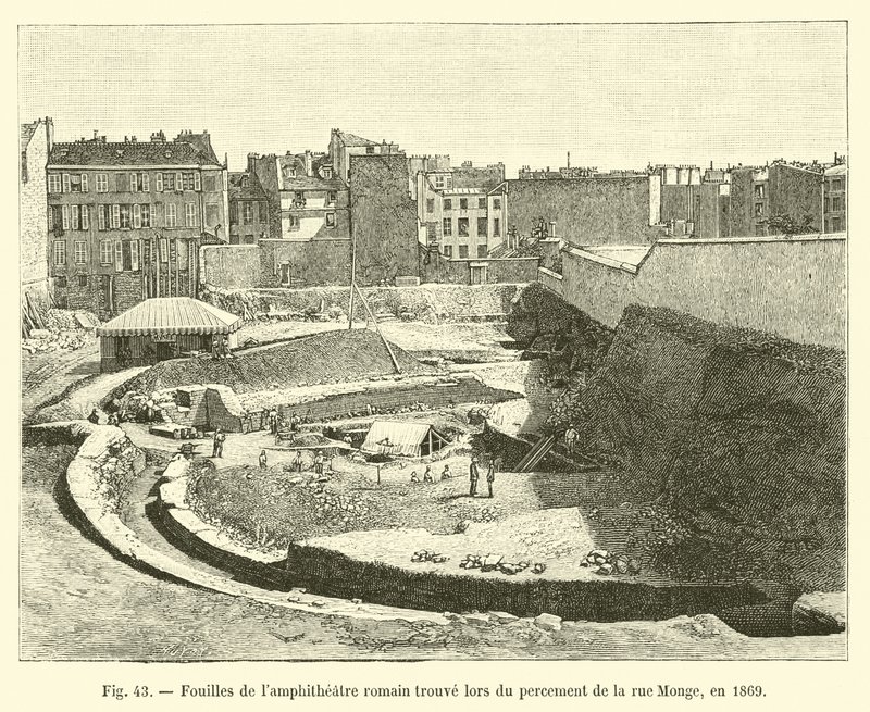 Utgrävningar av en romersk lampteater hittades under grävningen av rue Monge, 1869 av French School