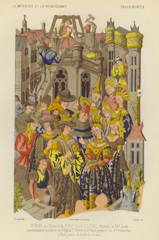 Stiftelsen av klostret St Genevieve, Paris, under Clovis, Frankernas kung (chromolitho) av French School