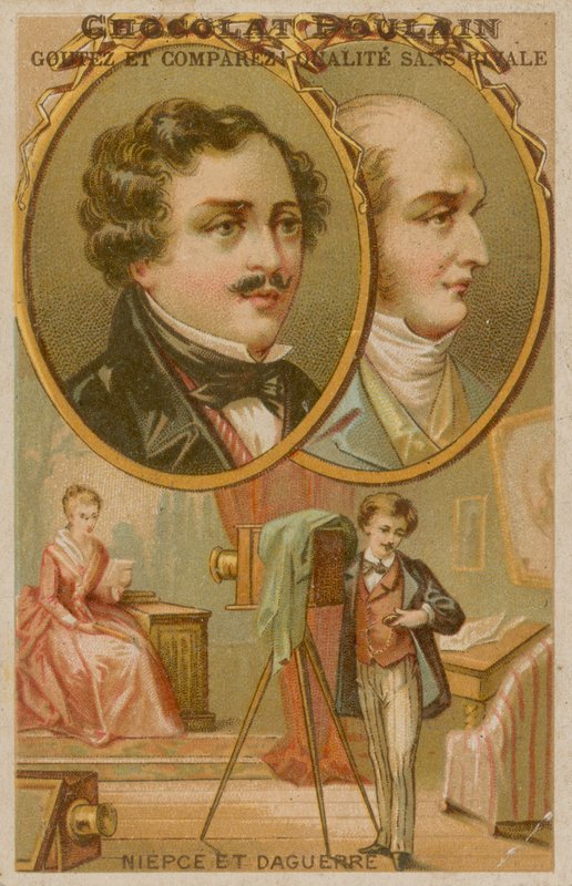 Grundare av fotografi Niepce och Daguerre med fotograf av French School