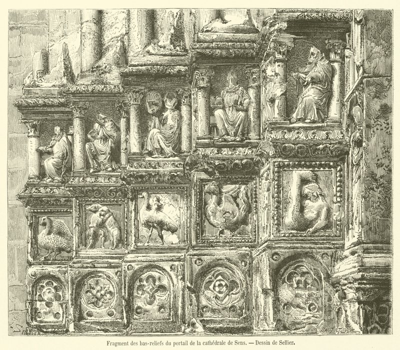 Fragment av basreliefer från portalen till Sens katedral (gravyr) av French School