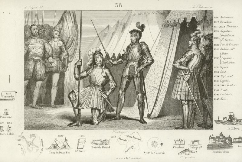 Frans I av Frankrike begär att bli adlad av Chevalier Bayard efter seger i slaget vid Marignano, Italien, 1515 av French School