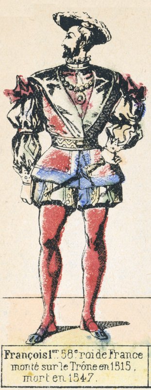 Francois 1er, 58:e kung av Frankrike, besteg tronen 1515, dog 1547 (färgad gravyr) av French School