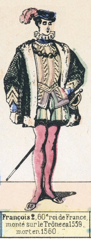 Francois 2, Frankrikes 60:e kung, besteg tronen 1559, dog 1560 (färgad gravyr) av French School