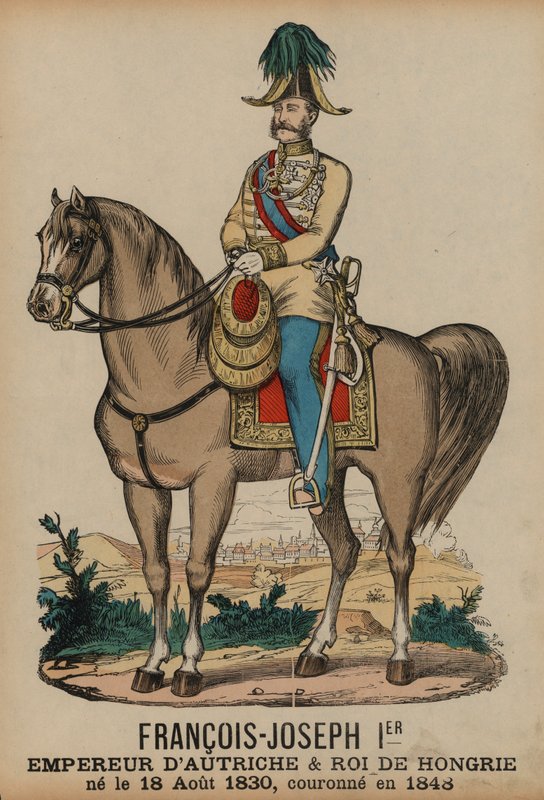 Franz Joseph I, kejsare av Österrike och kung av Ungern (färgad gravyr) av French School