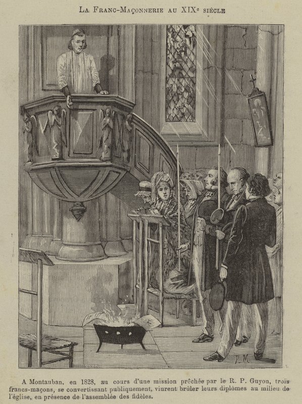 Frimureriet på 1800-talet: tre frimurare konverterar och bränner sina diplom i en kyrka i Montauban av French School