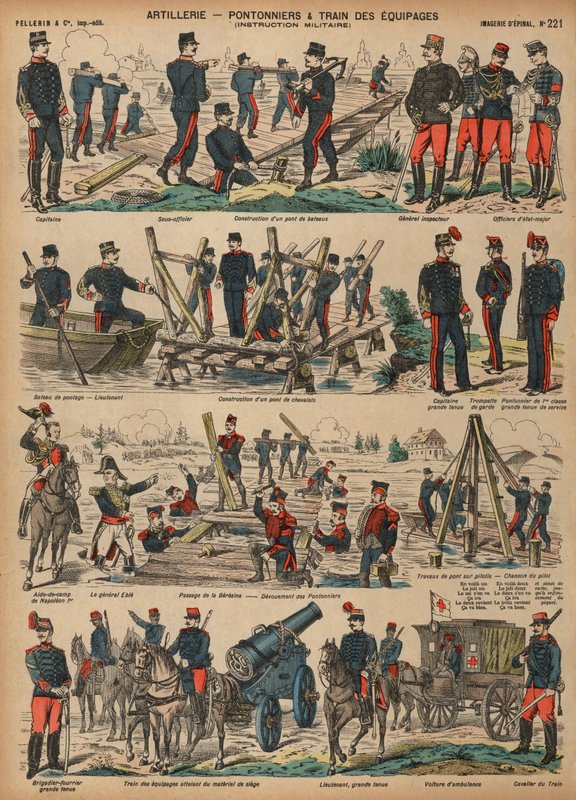 Franska arméns artilleri som bygger pontonbroar (färgad gravyr) av French School