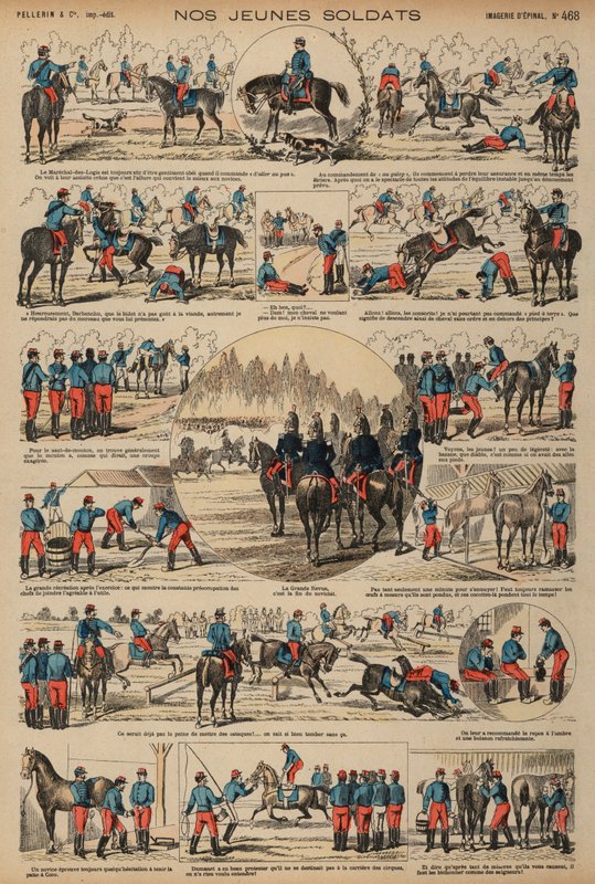 Franska arméns kavallerikadetter under träning (färgad gravyr) av French School