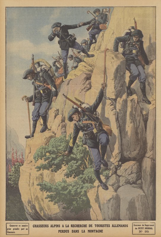 Franska Chasseurs Alpins letar efter tyska turister förlorade i Alperna (färg litho) av French School