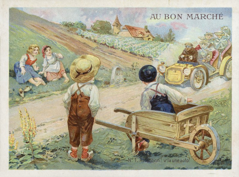 Franska barn som tittar på fortkörande bil av French School