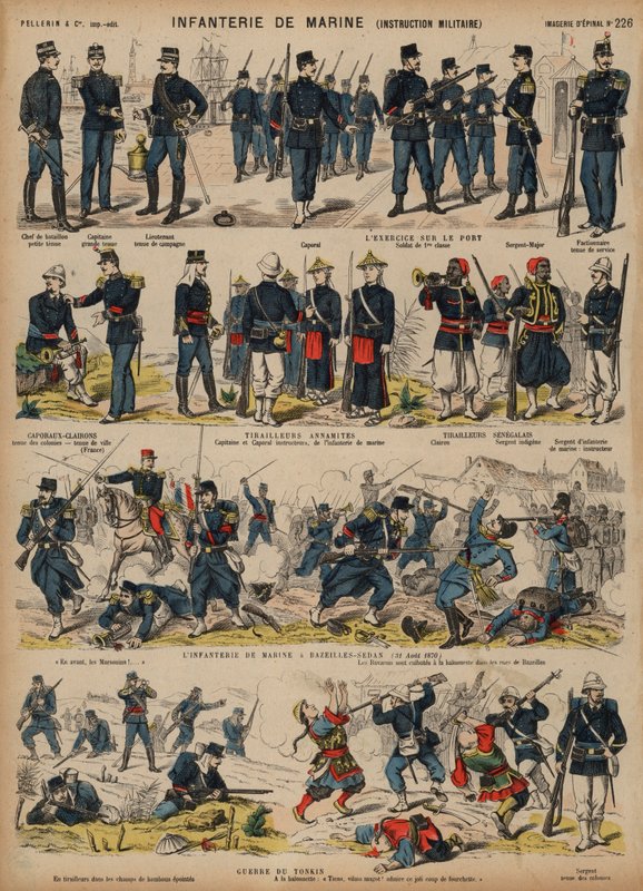 Franska marinsoldater (färgad gravyr) av French School