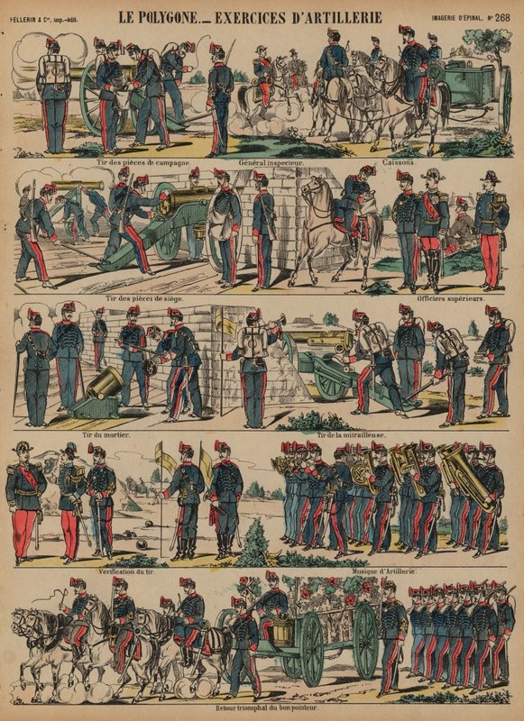 Franska arméartilleriövningar, Le Polygone, Lorient, Frankrike (färgad gravyr) av French School