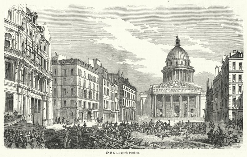 Franska armétrupper attackerar rebeller som ockuperar Pantheon, Paris, 24 juni 1848 (gravyr) av French School