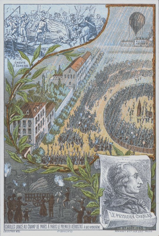 Den franske ballongföraren Jacques Charles startar den första vätgasballongen från Champ de Mars i Paris den 27 augusti. av French School