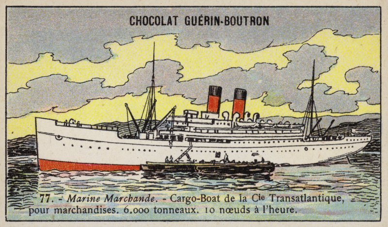 Franskt lastfartyg från Compagnie Transatlantique (chromolitho) av French School