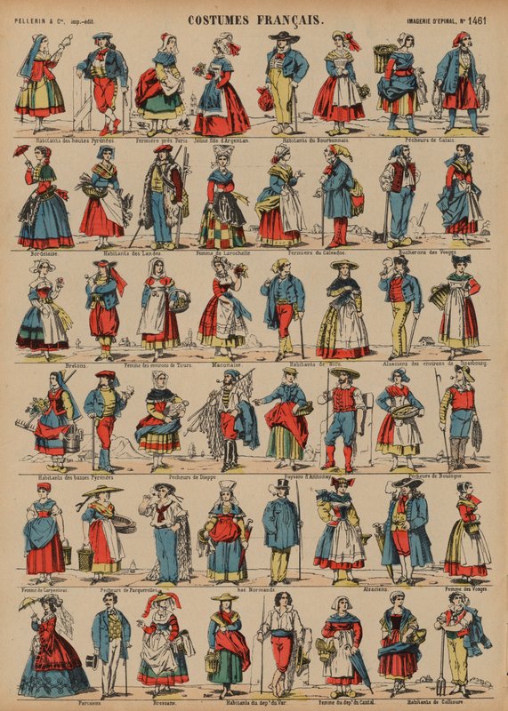 Franska kostymer (färgad gravyr) av French School