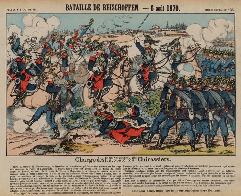 Franska kurassier som anfaller preussiskt infanteri vid slaget vid Reichshoffen, fransk-preussiska kriget, 6 augusti 1870 (färgad gravyr) av French School