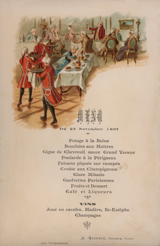 Fransk meny för en middag av French School