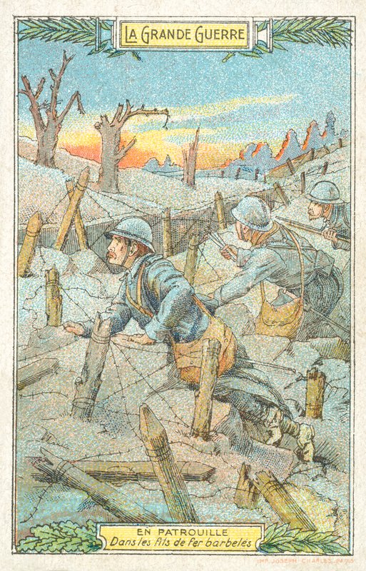 Fransk patrull bland taggtråden, första världskriget (chromolitho) av French School