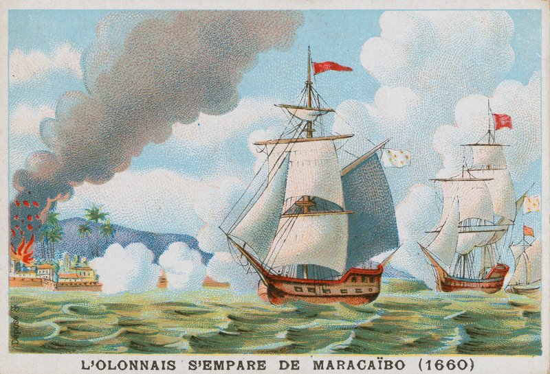 Fransk pirat Francois lOlonnais attackerar Maracaibo, 1660 av French School