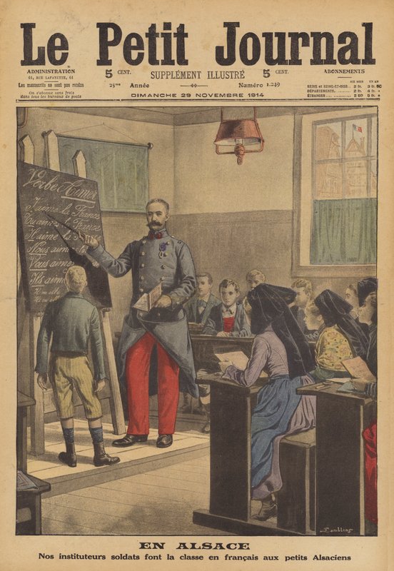 Fransk soldat som undervisar en klass av skolbarn franska i Alsace (färg litho) av French School