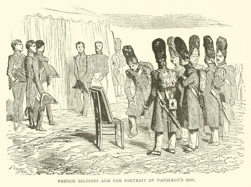 Franska soldater och porträttet av Napoleons son (gravyr) av French School
