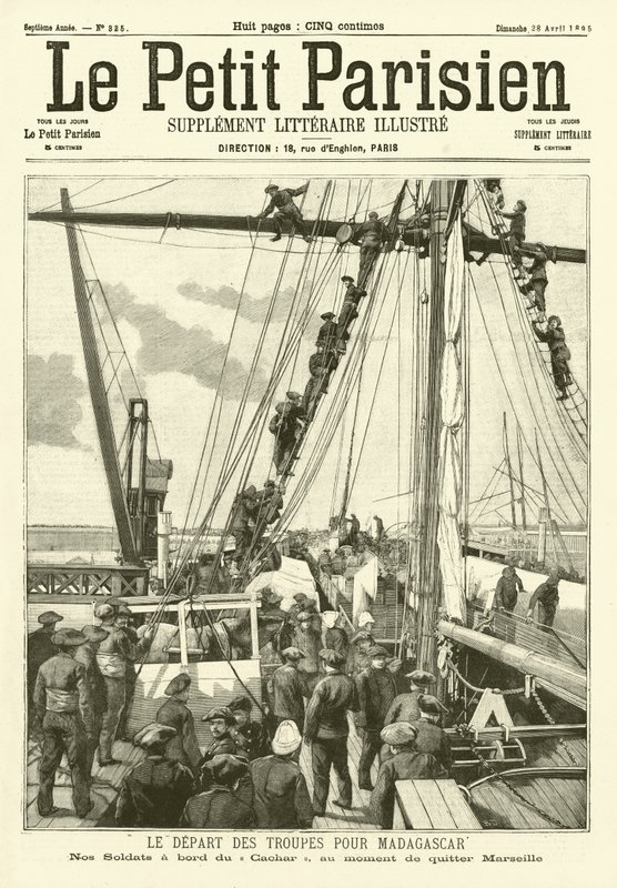 Franska soldater avgår från Marseille till Madagaskar (gravyr) av French School