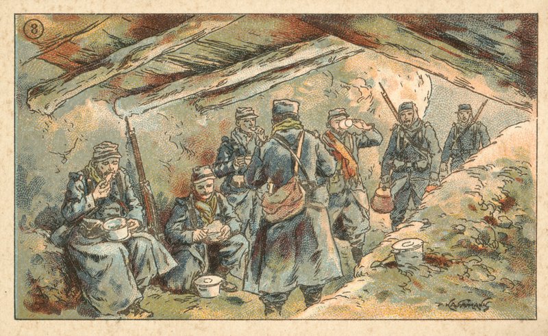 Franska soldater äter i en dugout, första världskriget (chromolitho) av French School