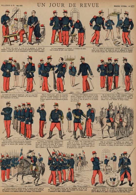 Franska soldater på dagen för en recension (färgad gravyr) av French School