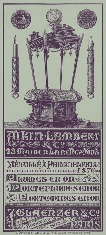 Franska handelskortsreklam Aikin Lambert-pennor, pennhållare och drivande pennor (litho) av French School