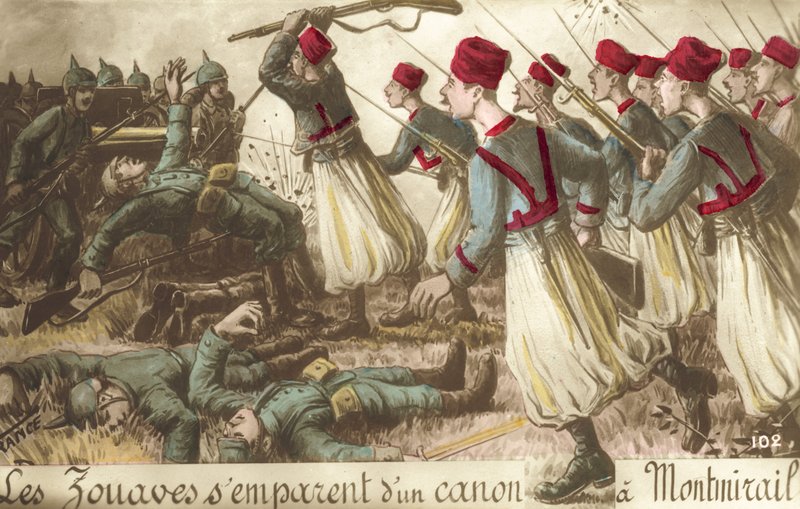 Franska zouaver som fångar en tysk artilleripjäs vid Montmirail, första världskriget (färg litho) av French School