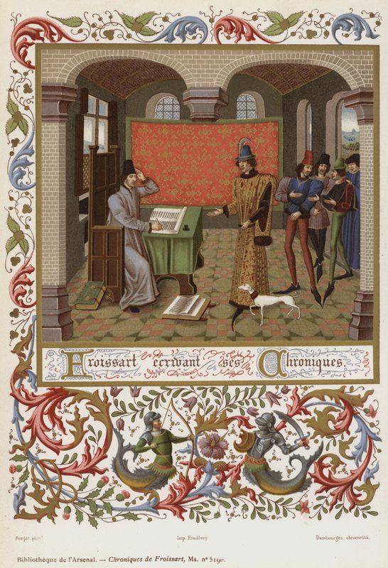 Froissart skriver sina krönikor (chromolitho) av French School